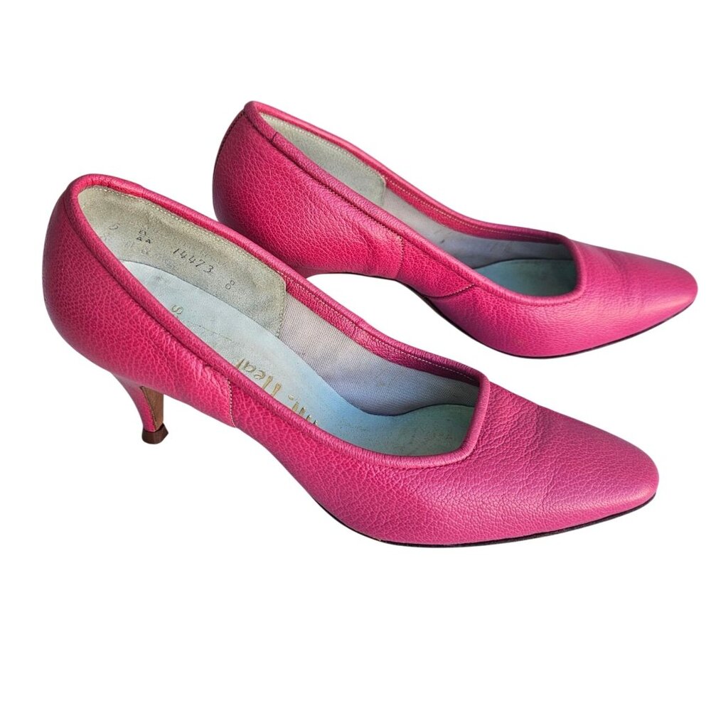 Vintage 50s Pink Leather Kitten Heel Pumps Sz 5B Rhodes Mr. Neal - Picture 6 of 16